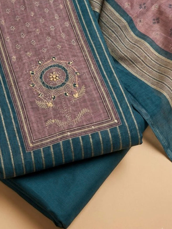 Blue Chanderi Embroidered Unstitched Dress Material