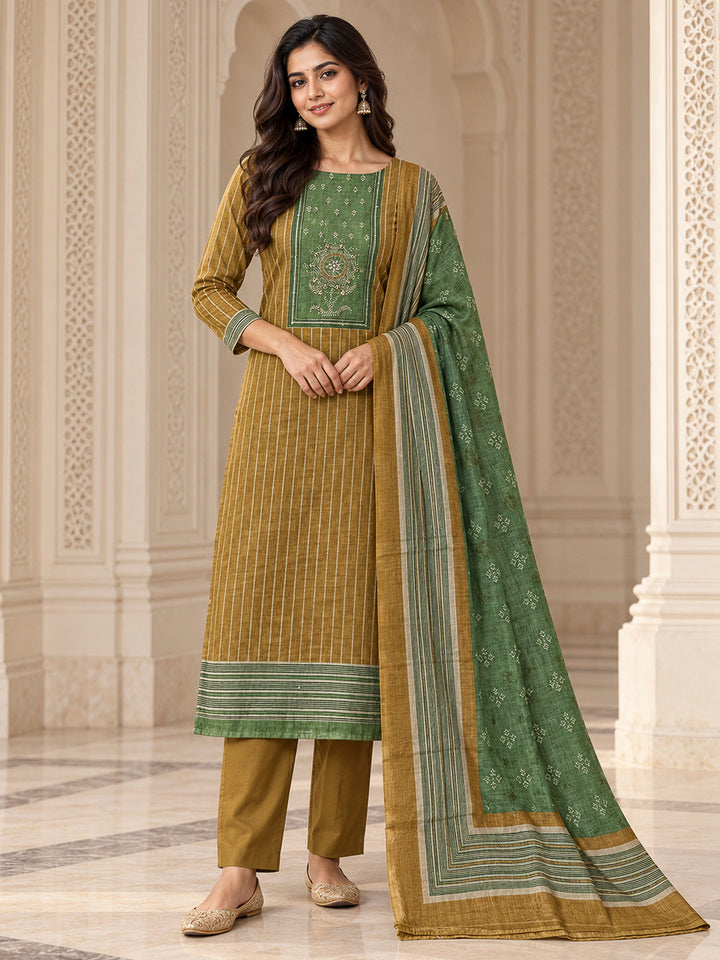 Mehndi Chanderi Embroidered Unstitched Dress Material