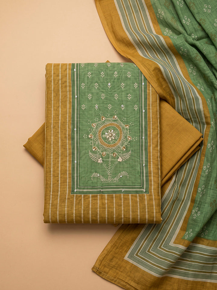 Mehndi Chanderi Embroidered Unstitched Dress Material