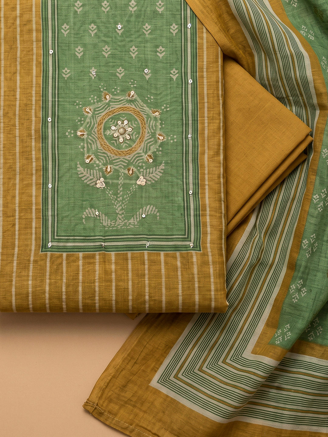 Mehndi Chanderi Embroidered Unstitched Dress Material