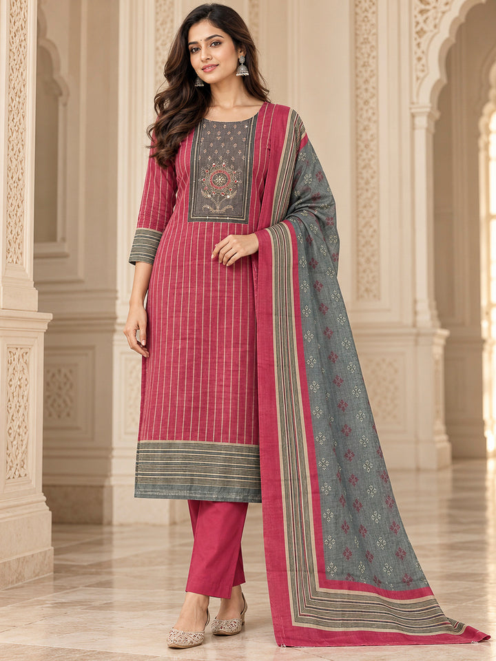 Onion Pink Chanderi Embroidered Unstitched Dress Material