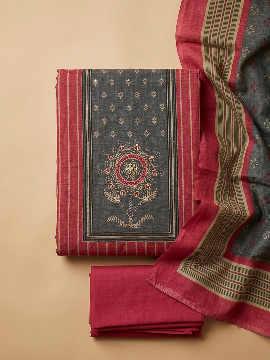 Onion Pink Chanderi Embroidered Unstitched Dress Material
