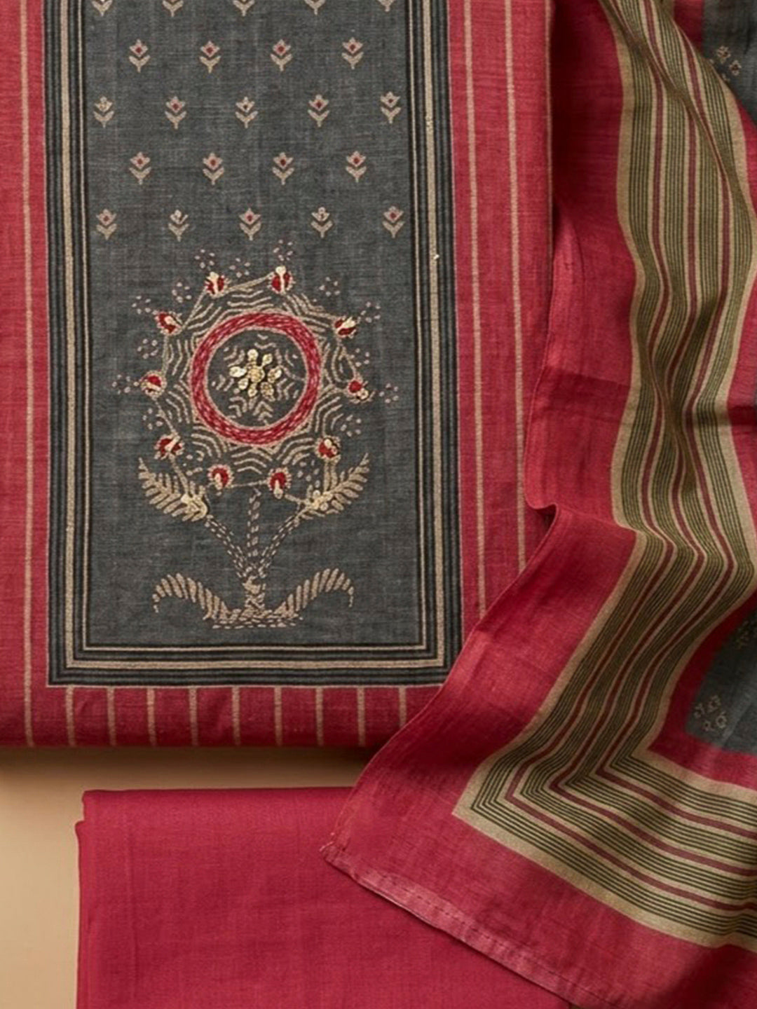 Onion Pink Chanderi Embroidered Unstitched Dress Material