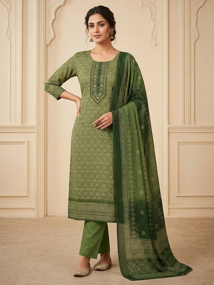 Bottle Green Chanderi Printed Unstitched Dress Material