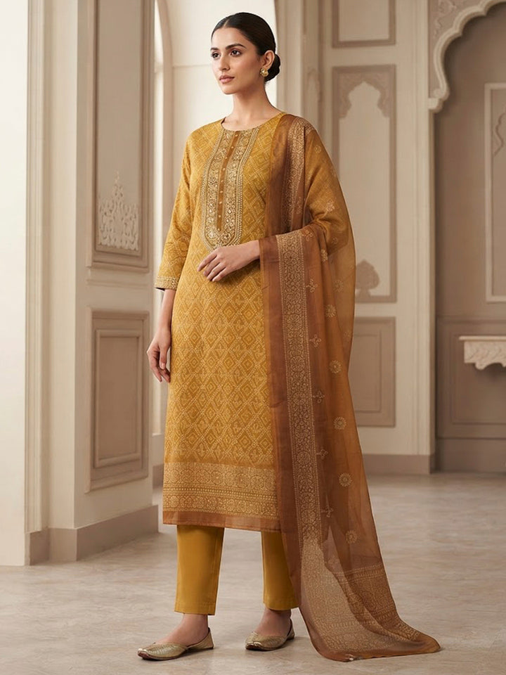 Mustard Chanderi Printed Unstitched Dress Material