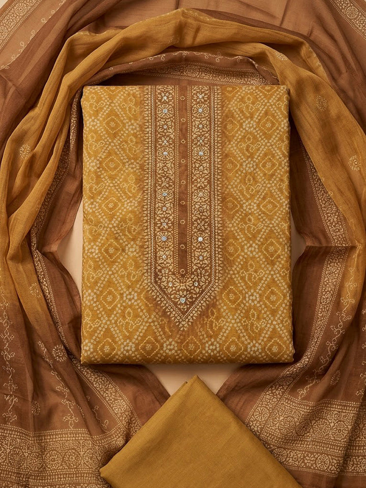 Mustard Chanderi Printed Unstitched Dress Material