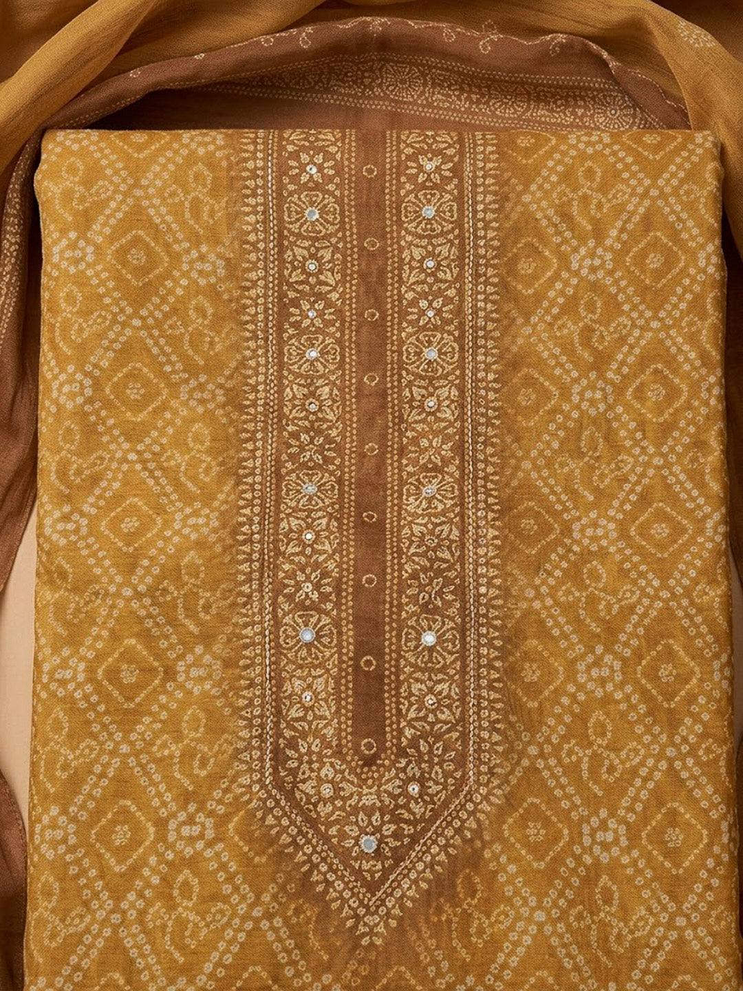 Mustard Chanderi Printed Unstitched Dress Material