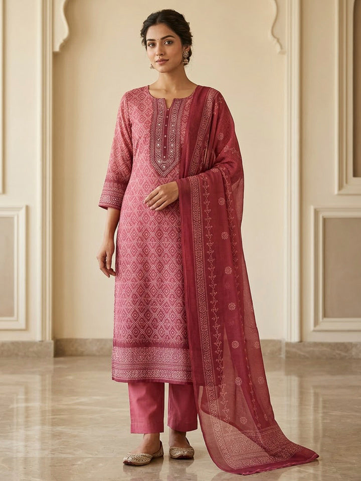 Onion Pink Chanderi Printed Unstitched Dress Material