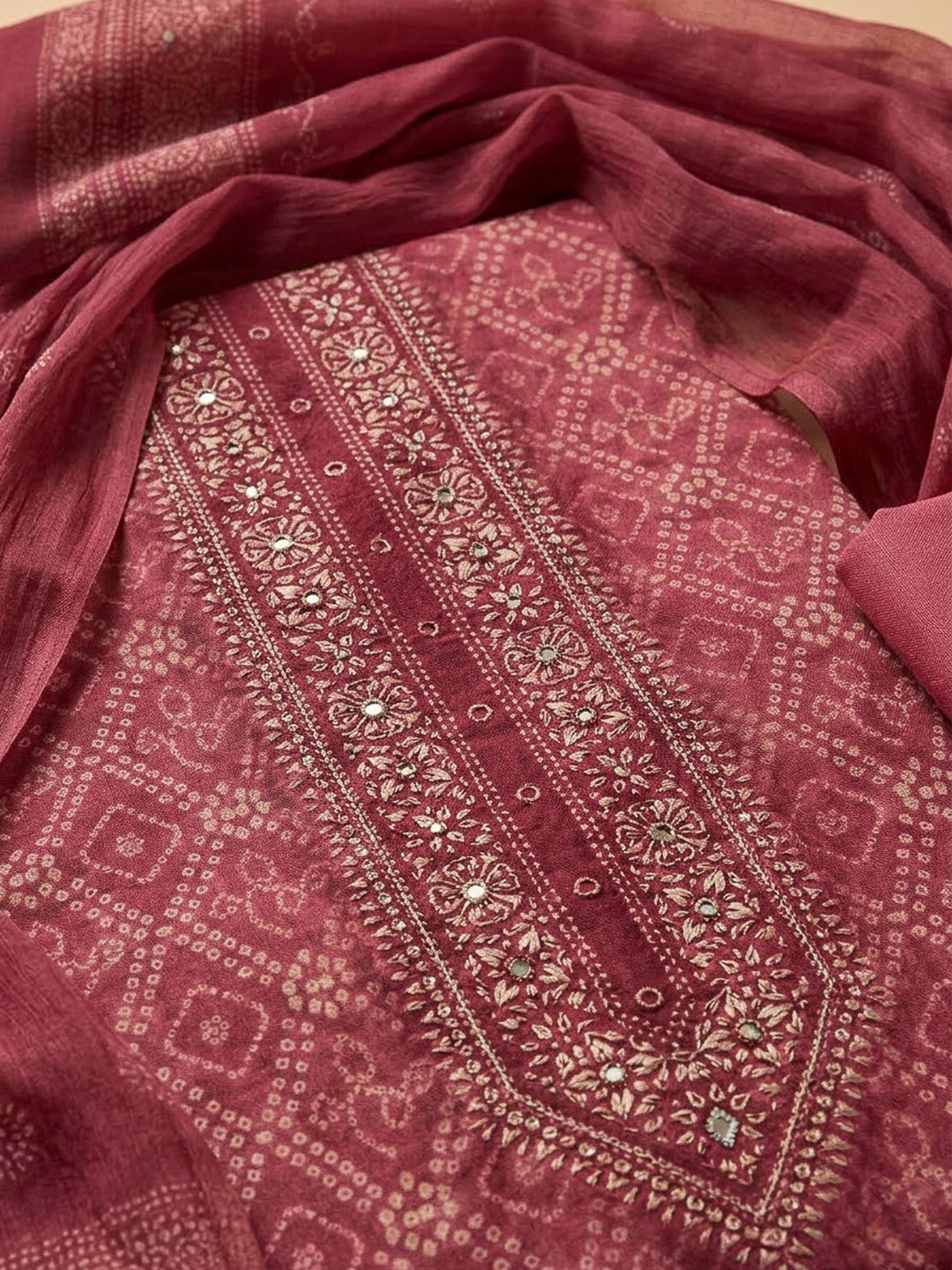 Onion Pink Chanderi Printed Unstitched Dress Material