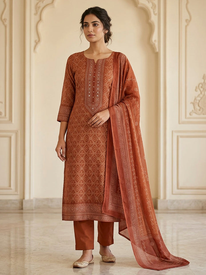 Rust Chanderi Printed Unstitched Dress Material