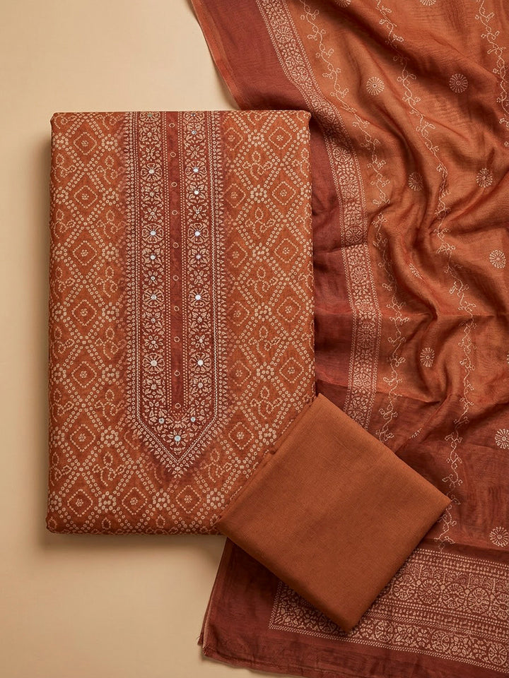 Rust Chanderi Printed Unstitched Dress Material
