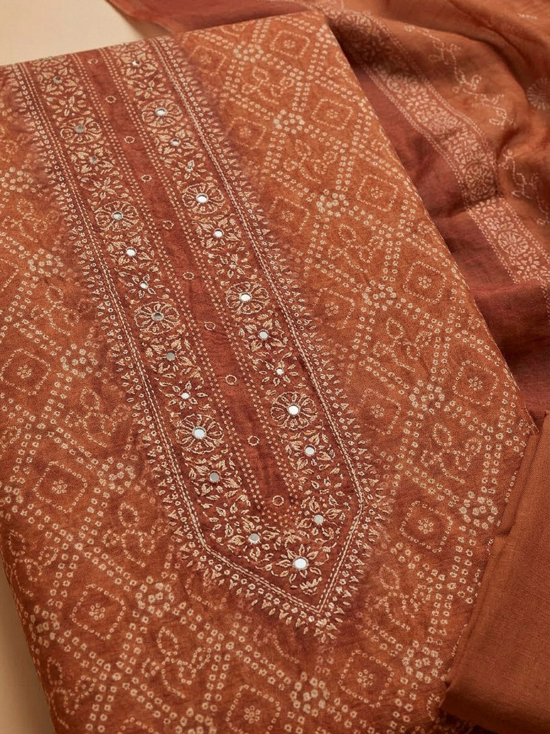 Rust Chanderi Printed Unstitched Dress Material