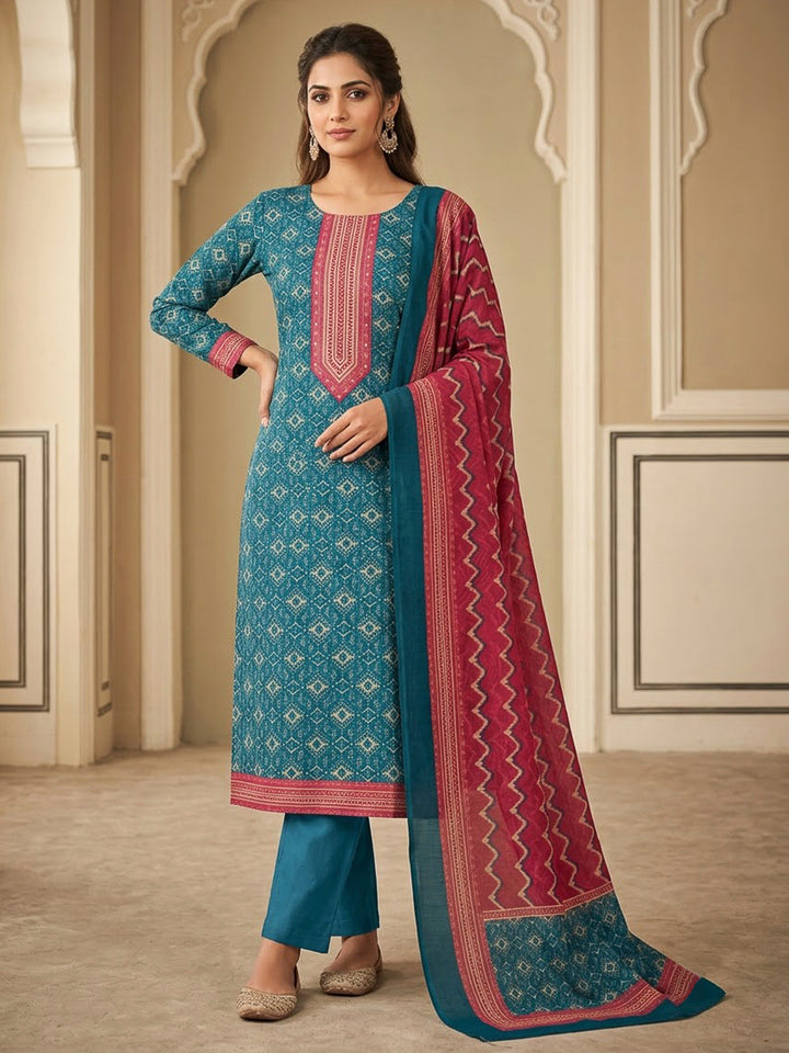 Blue Chanderi Printed Unstitched Dress Material