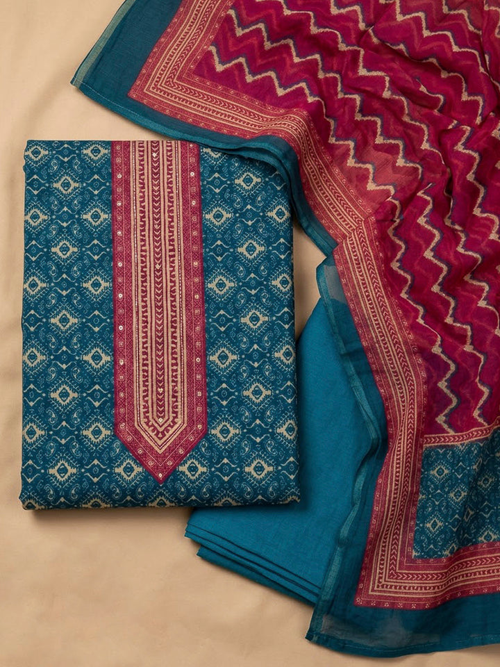 Blue Chanderi Printed Unstitched Dress Material