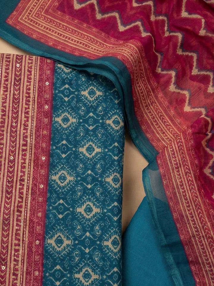 Blue Chanderi Printed Unstitched Dress Material
