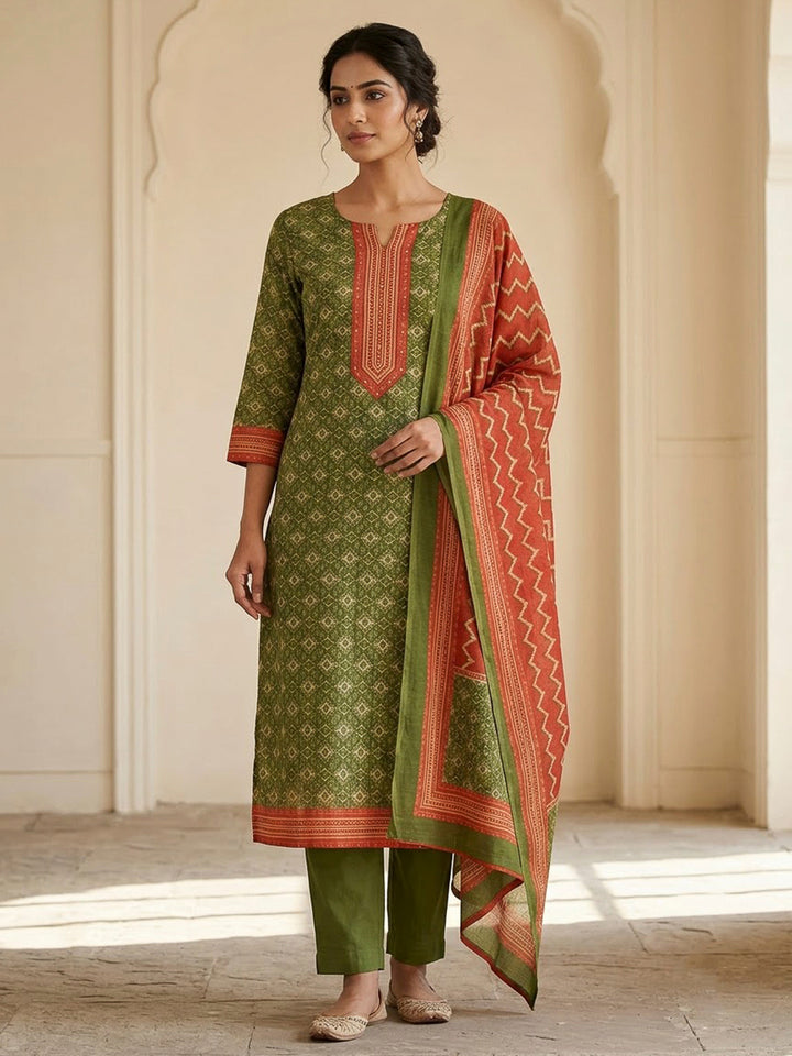 Mehndi Chanderi Printed Unstitched Dress Material