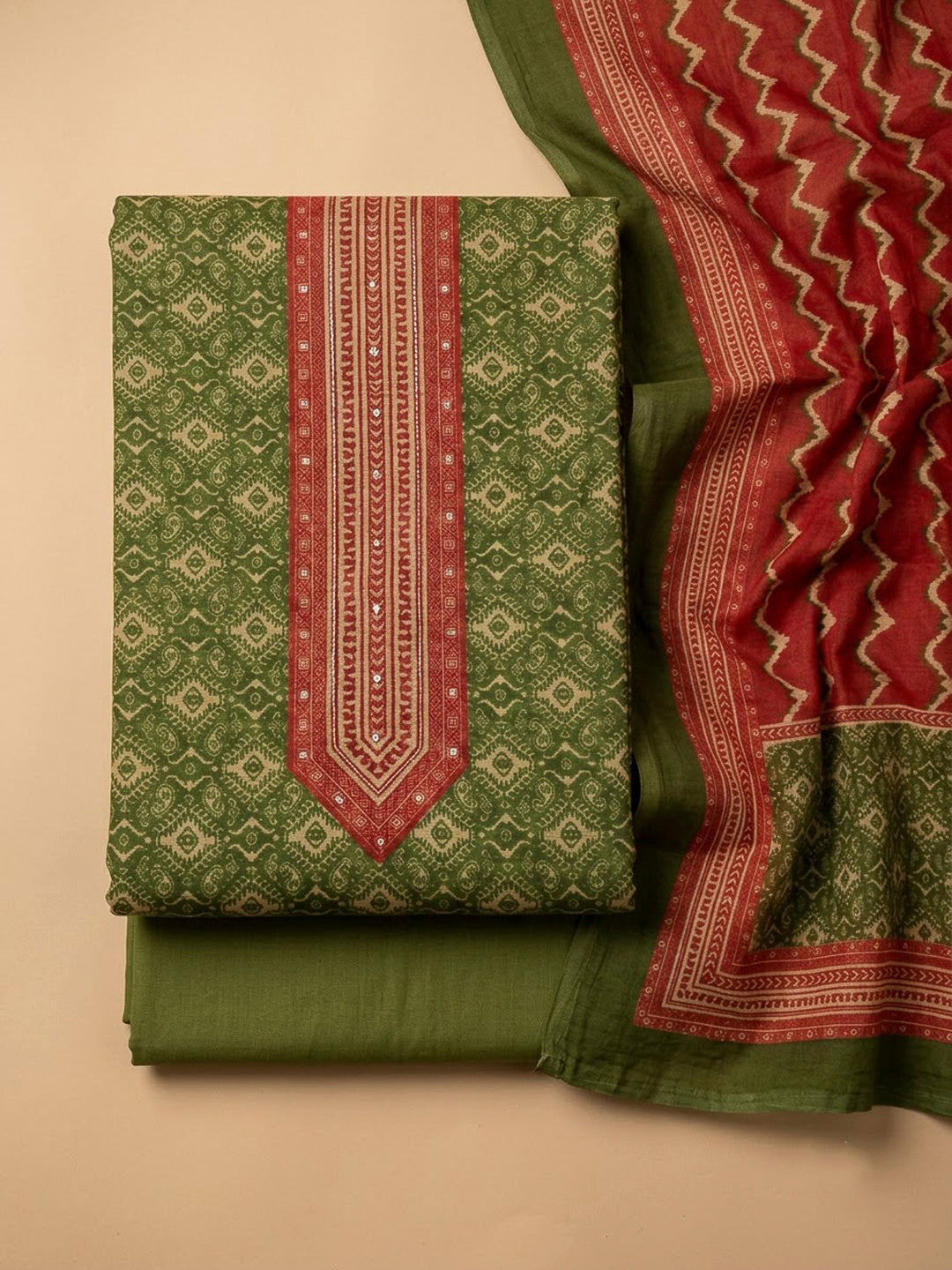 Mehndi Chanderi Printed Unstitched Dress Material