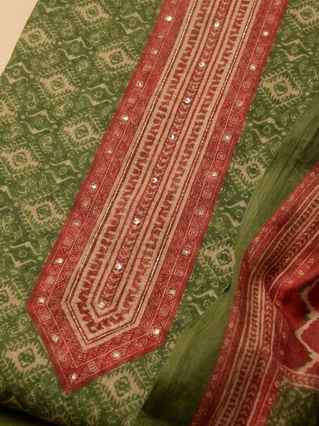 Mehndi Chanderi Printed Unstitched Dress Material
