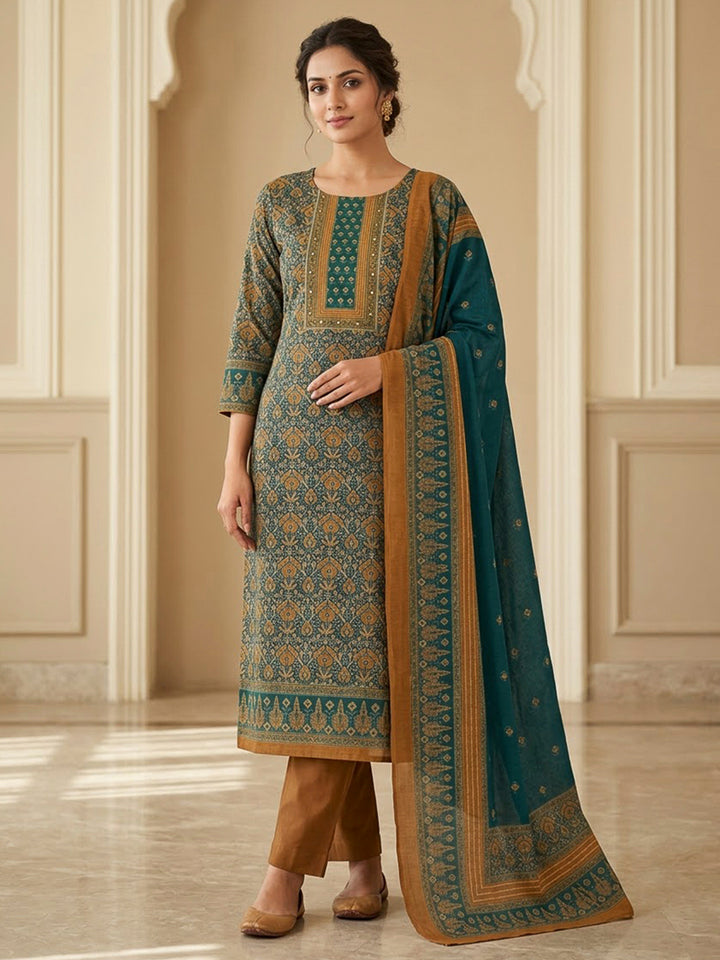 Mustard Chanderi Printed Unstitched Dress Material