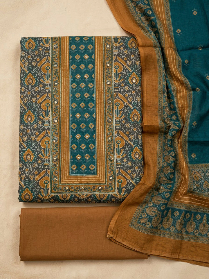 Mustard Chanderi Printed Unstitched Dress Material