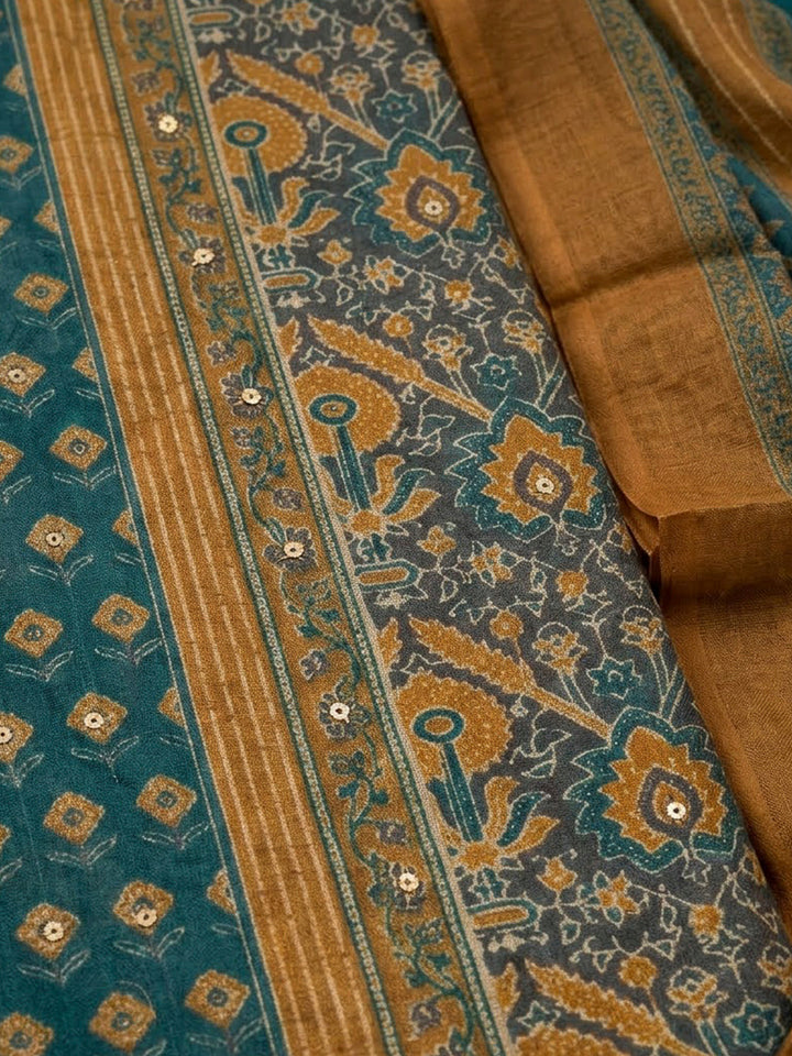 Mustard Chanderi Printed Unstitched Dress Material