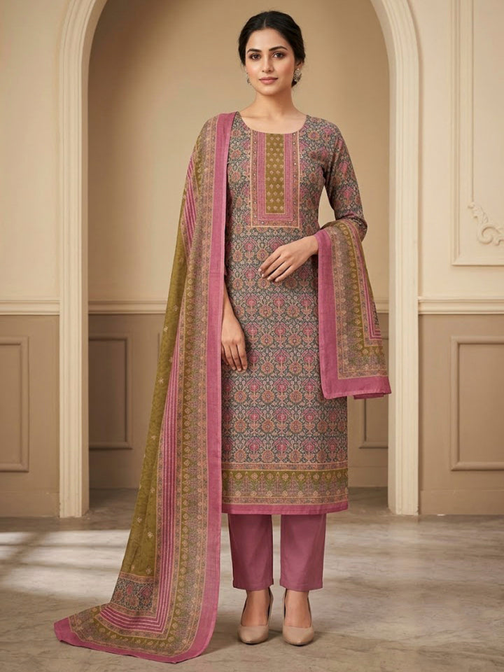 Onion Pink Chanderi Printed Unstitched Dress Material