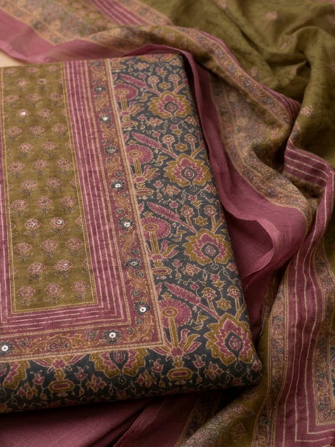 Onion Pink Chanderi Printed Unstitched Dress Material