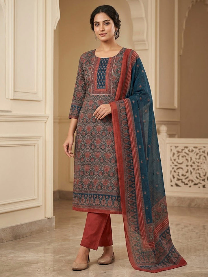Red Chanderi Printed Unstitched Dress Material