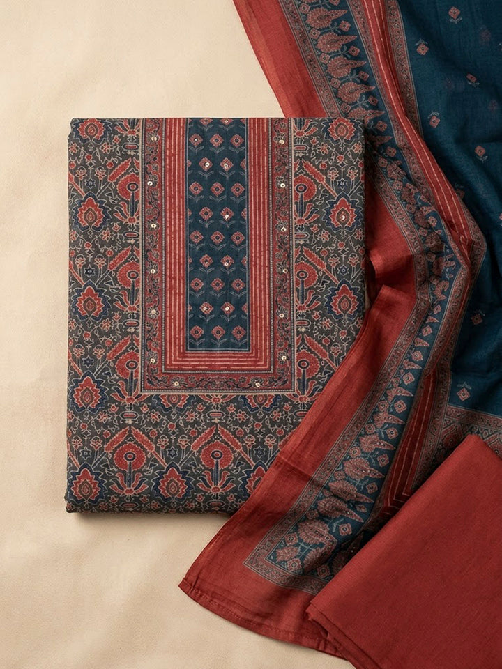 Red Chanderi Printed Unstitched Dress Material