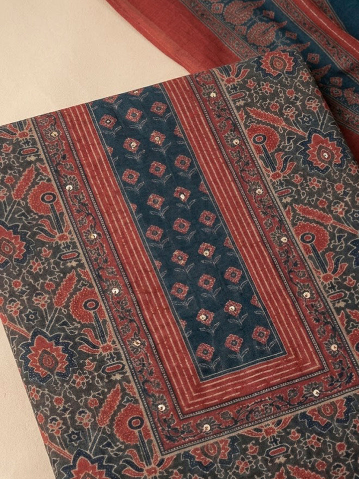 Red Chanderi Printed Unstitched Dress Material
