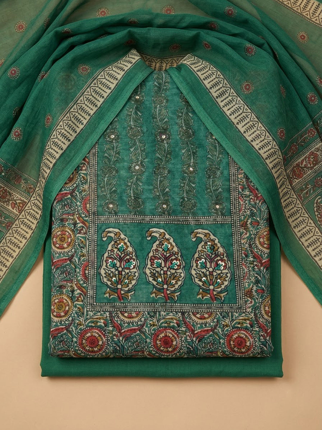 Green Chanderi Printed Unstitched Dress Material
