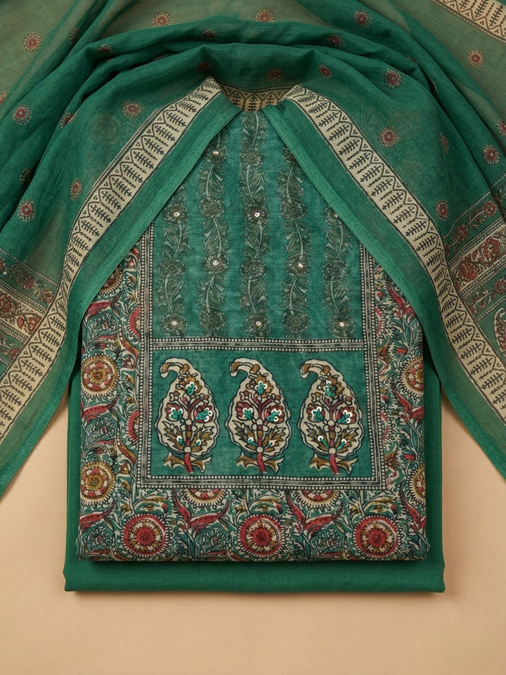 Green Chanderi Printed Unstitched Dress Material