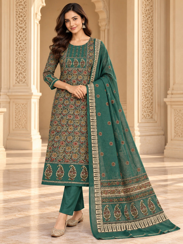 Green Chanderi Printed Unstitched Dress Material