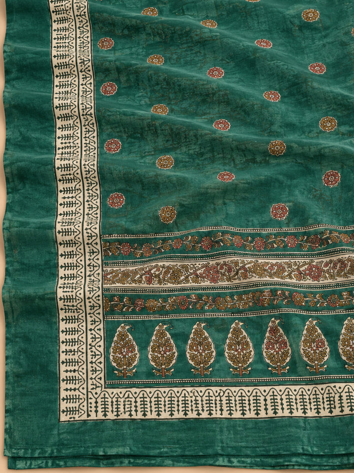 Green Chanderi Printed Unstitched Dress Material