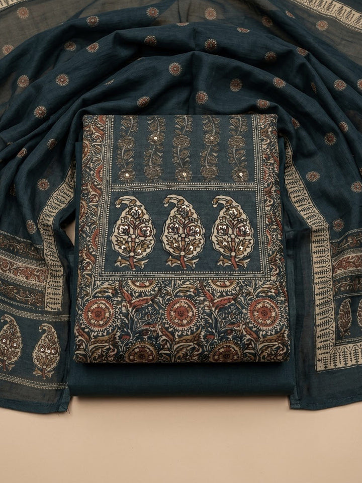 Grey Chanderi Printed Unstitched Dress Material