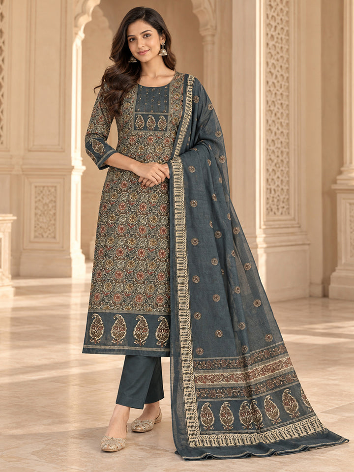 Grey Chanderi Printed Unstitched Dress Material