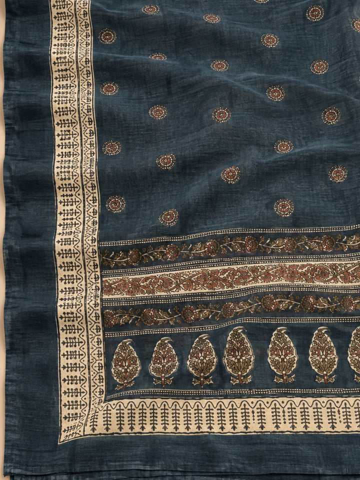 Grey Chanderi Printed Unstitched Dress Material