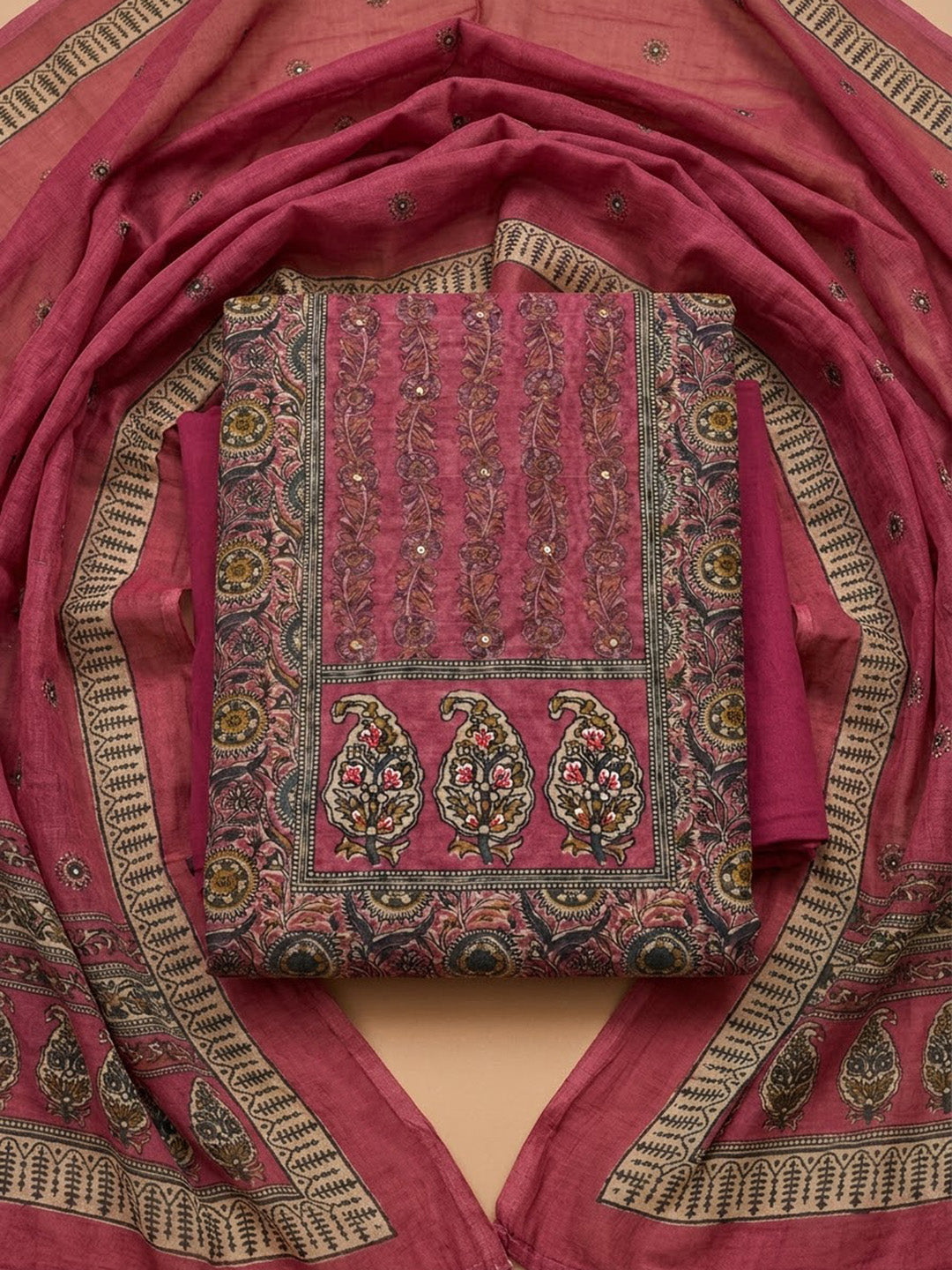 Onion Pink Chanderi Printed Unstitched Dress Material
