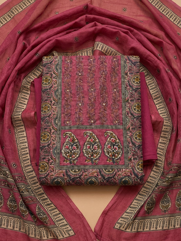 Onion Pink Chanderi Printed Unstitched Dress Material