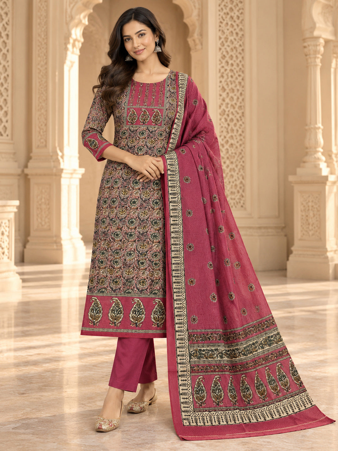 Onion Pink Chanderi Printed Unstitched Dress Material