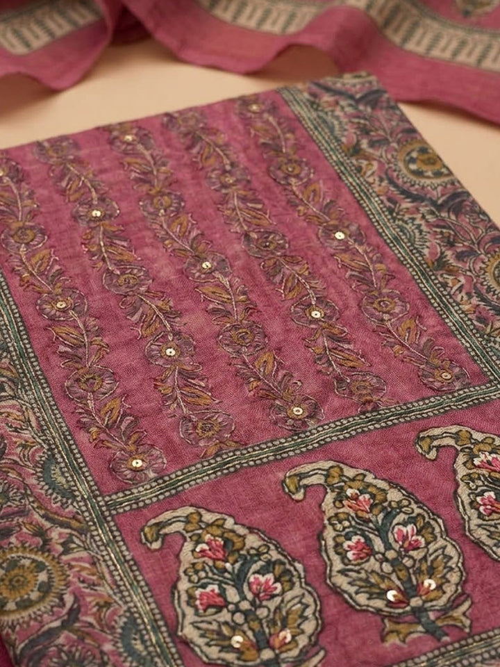 Onion Pink Chanderi Printed Unstitched Dress Material