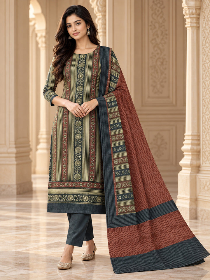 Brown Chanderi Printed Unstitched Dress Material