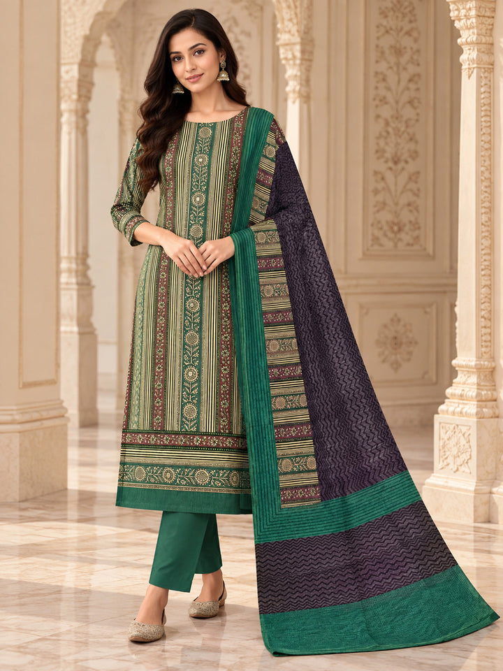 Green Chanderi Printed Unstitched Dress Material