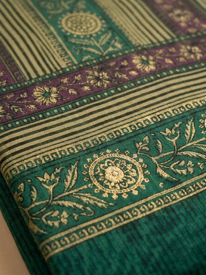 Green Chanderi Printed Unstitched Dress Material
