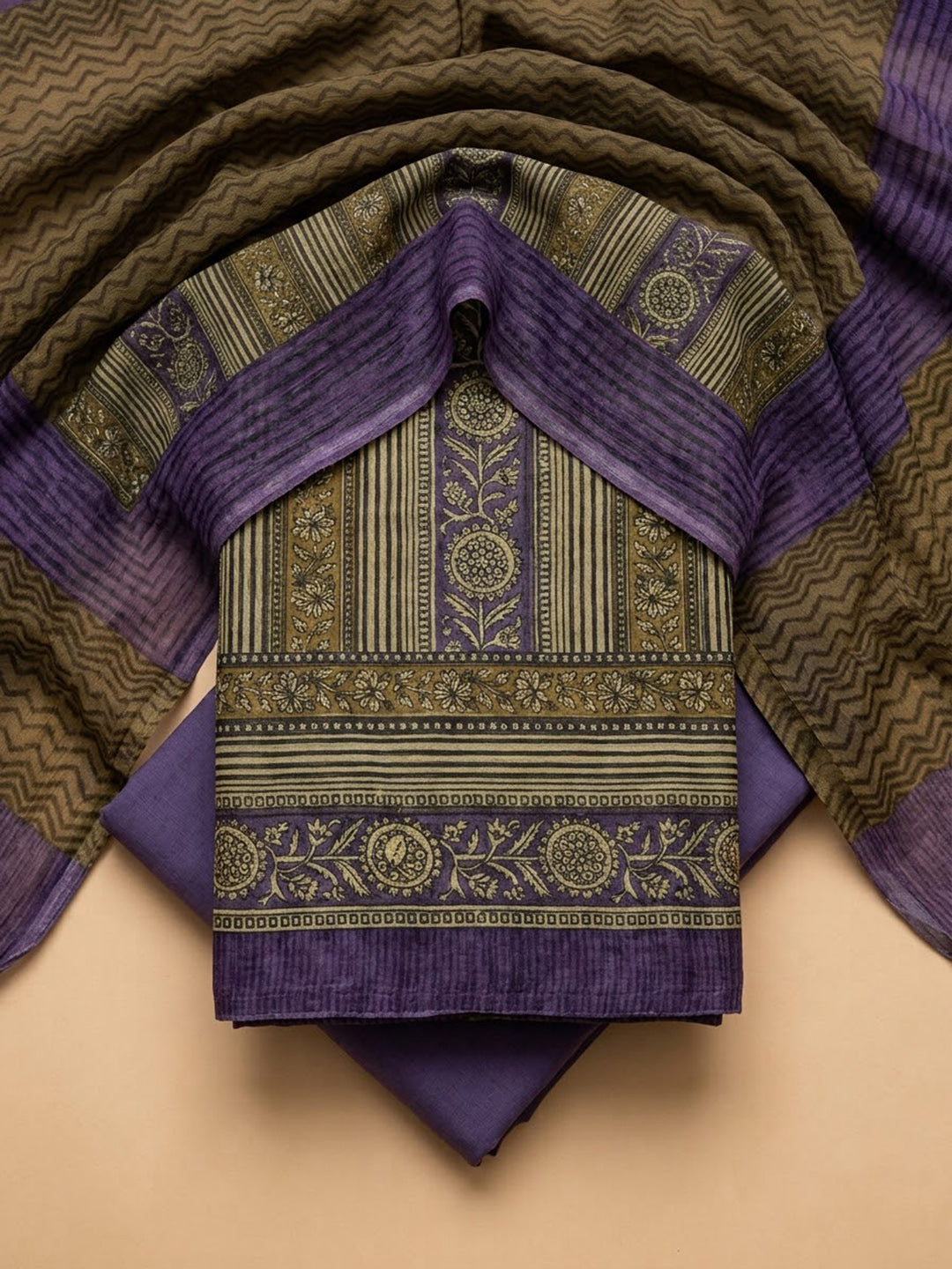 Purple Chanderi Printed Unstitched Dress Material