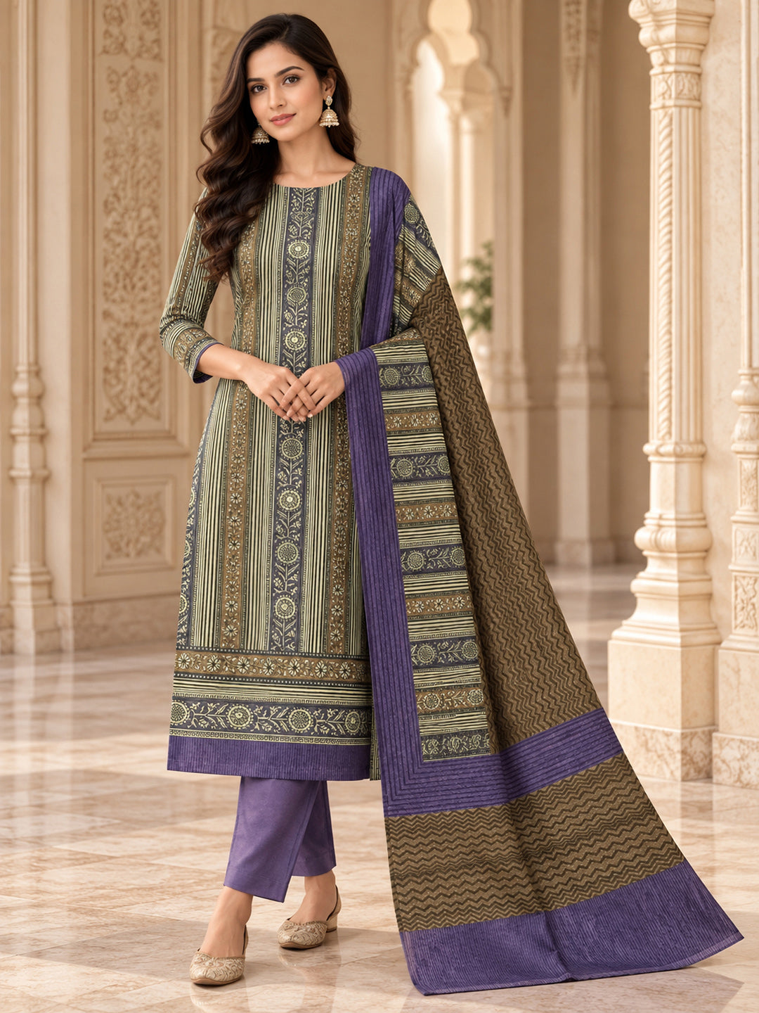 Purple Chanderi Printed Unstitched Dress Material