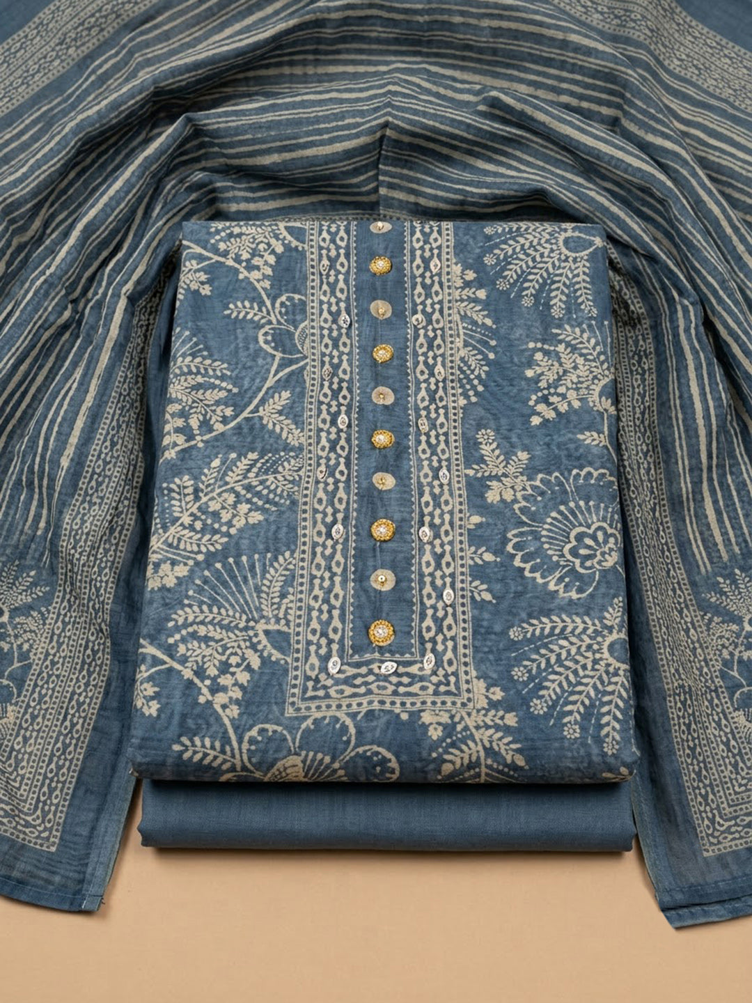 Blue Chanderi Printed Unstitched Dress Material