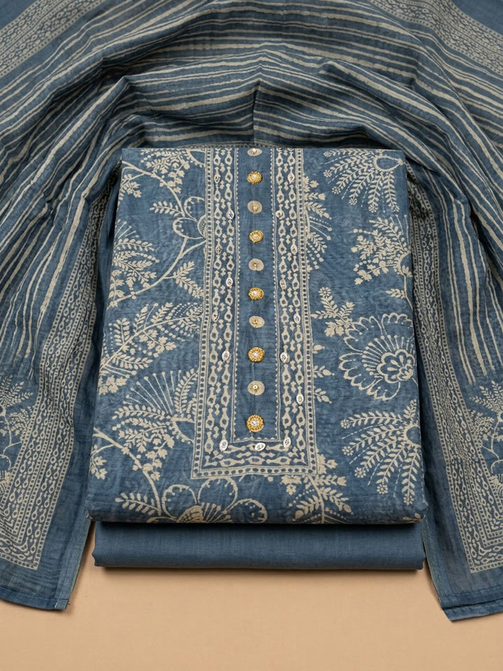 Blue Chanderi Printed Unstitched Dress Material