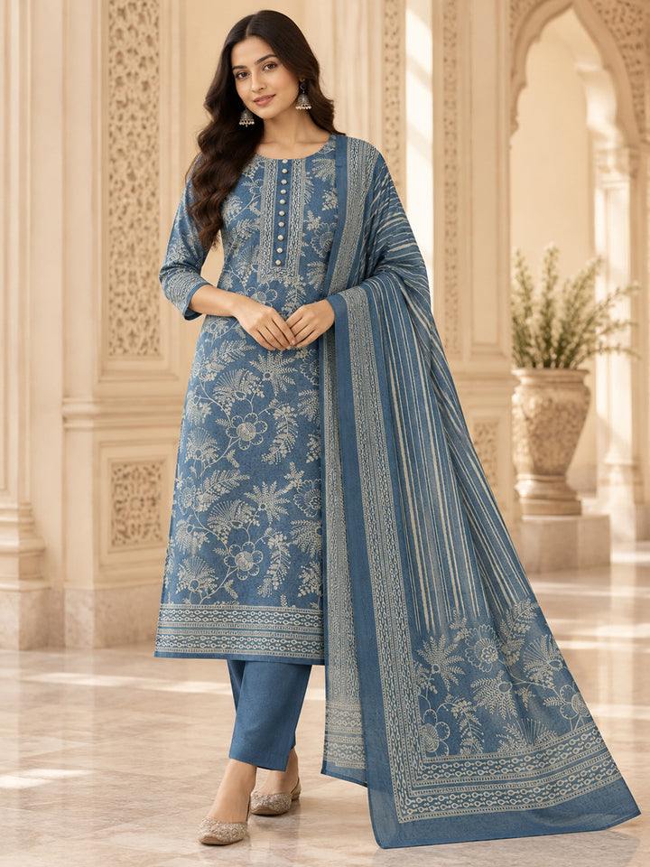Blue Chanderi Printed Unstitched Dress Material