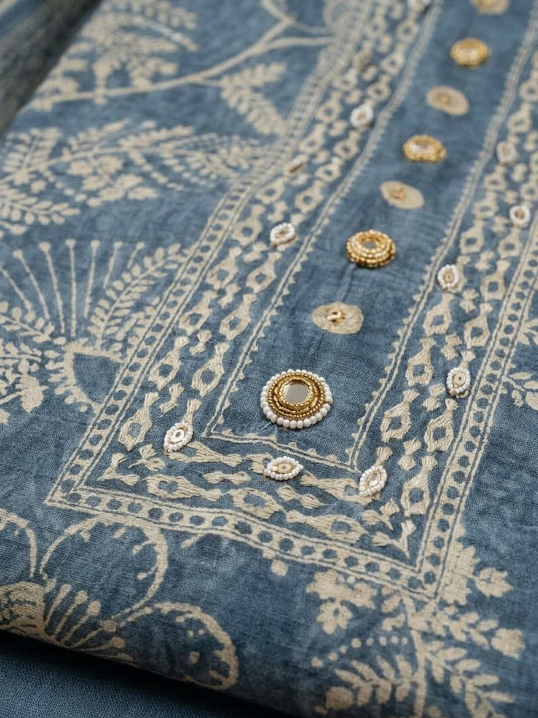 Blue Chanderi Printed Unstitched Dress Material
